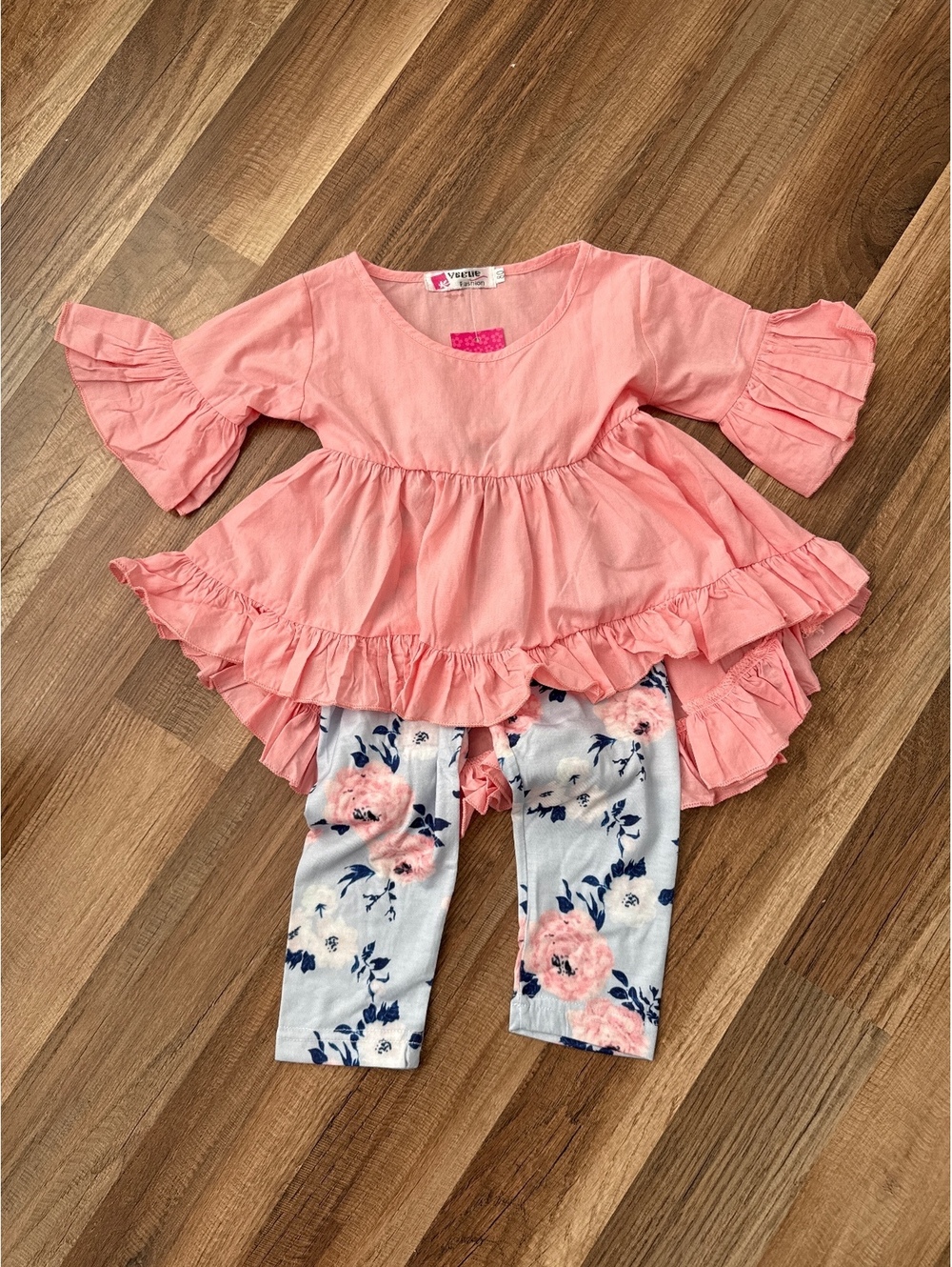 Vogue Fashion Baby Girl Pink Ruffle Top with Floral Leggings Set Size 12-18 Mo
